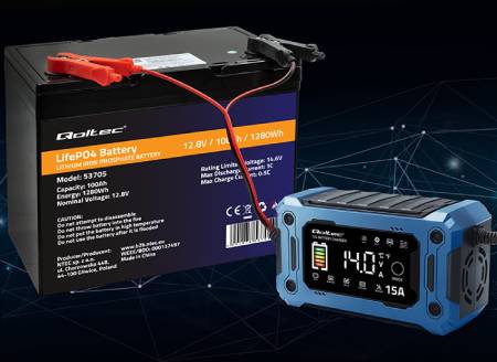 Mikroprocesorová nabíječka - usměrňovač pro AGM / GEL / LiFePO4 baterie - 12 V 15 A - Qoltec 52496